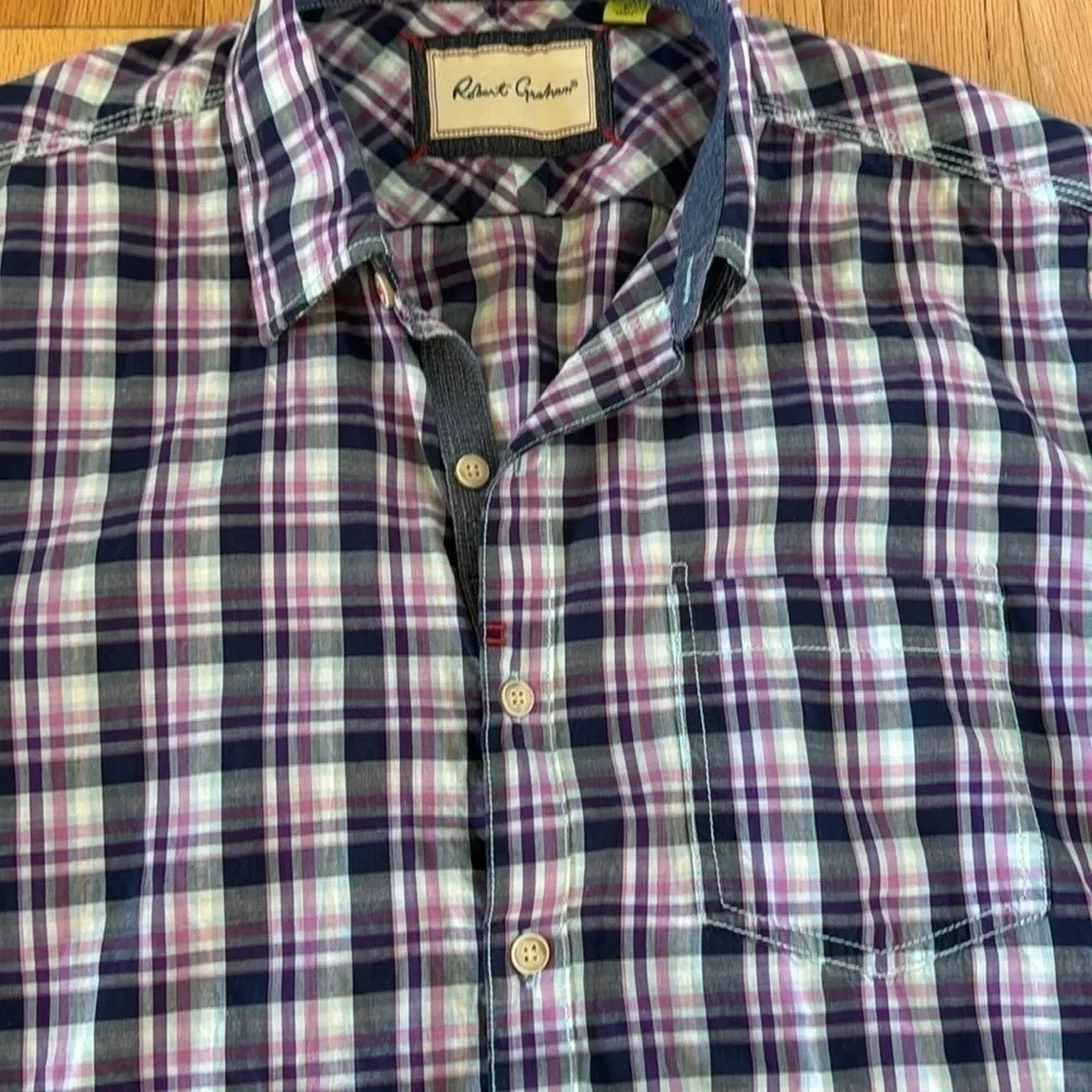 Robert Graham Purple Plaid Men's Cotton Button Down Short Sleeve Shirt Size L - Picture 3 of 11